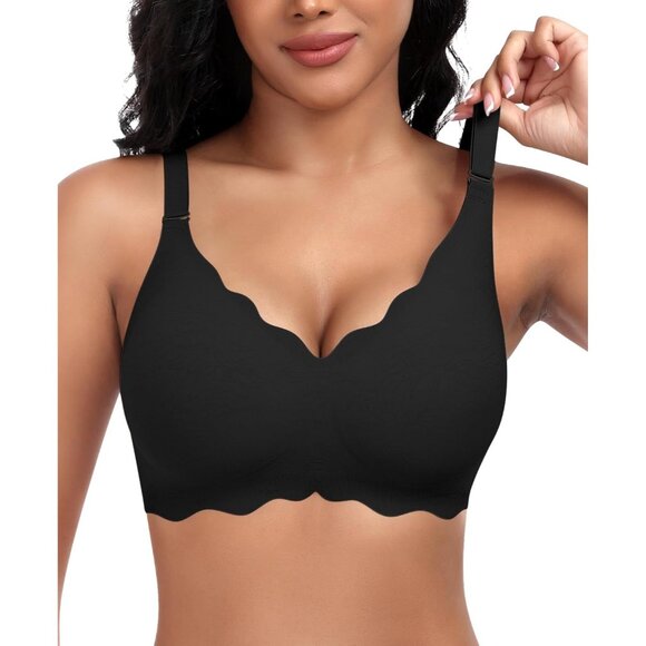 🆕Women Black Nylon Scalloped Bra No Underwire Wireless Seamless Lift Soft - Picture 1 of 6